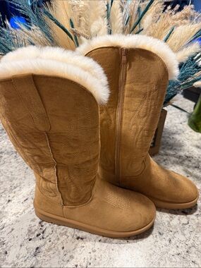 Tan Suede Shearling-Lined Mid-Calf Boots
